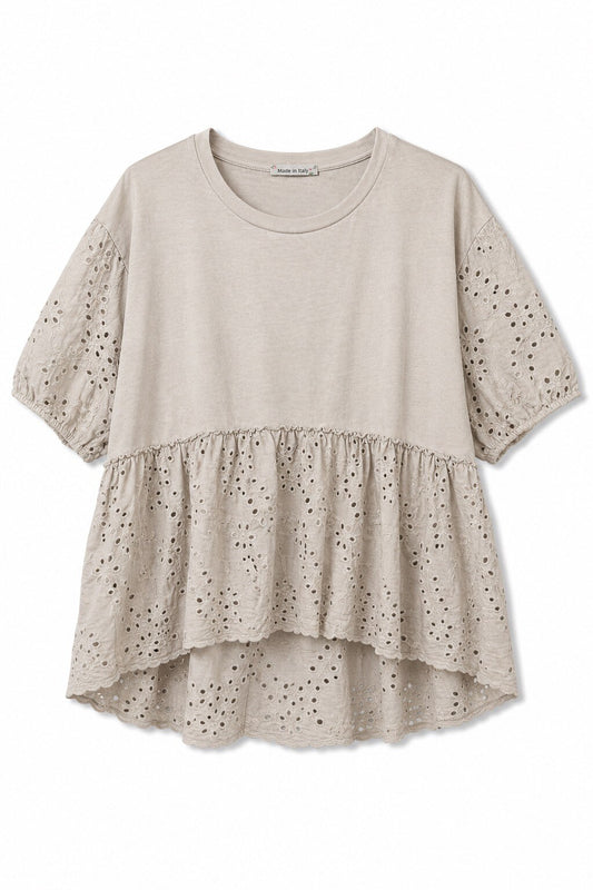 Baumwollbluse mit Volants aus Lochstickerei