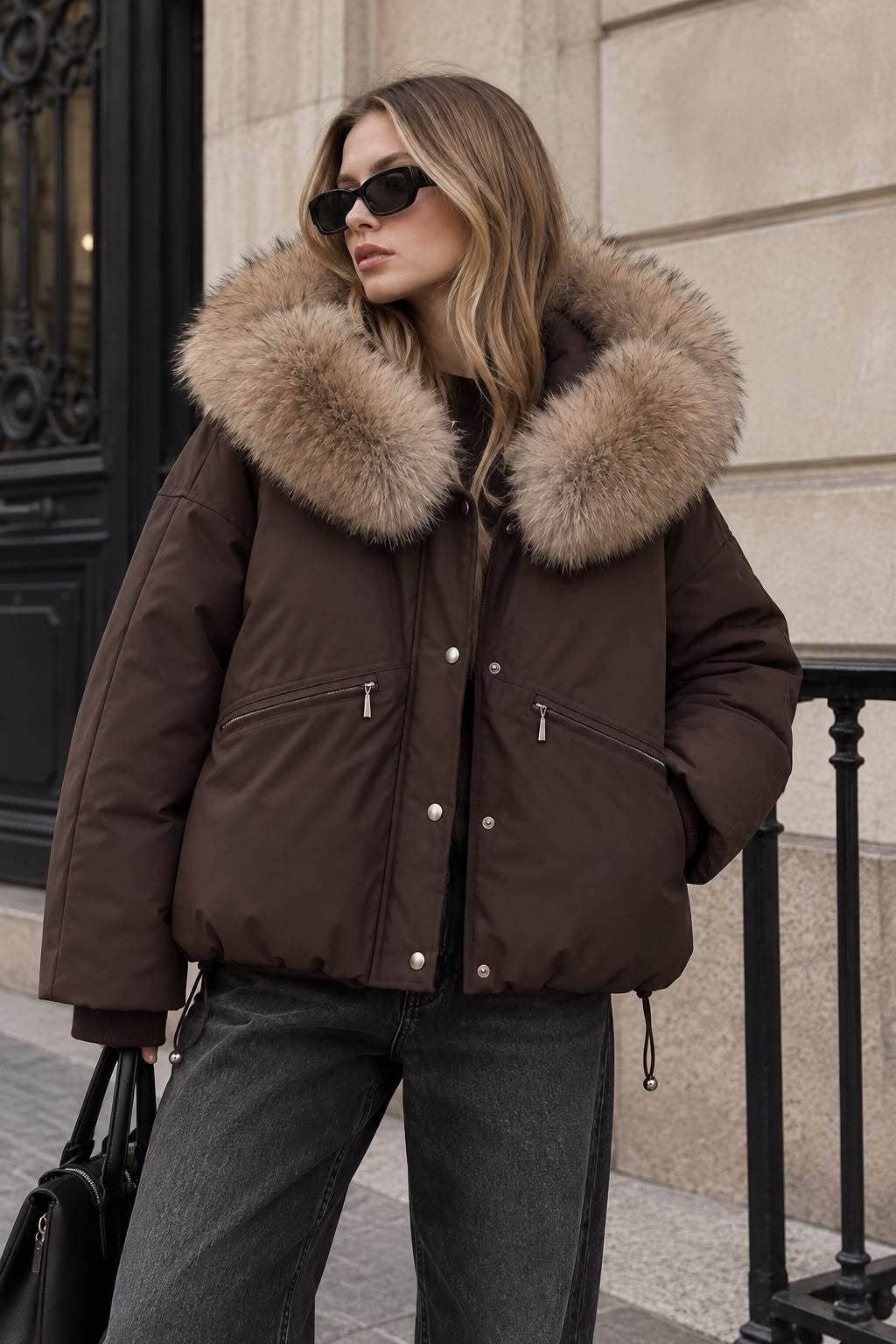 Jacke Grace mit Kapuze in Felloptik Marron