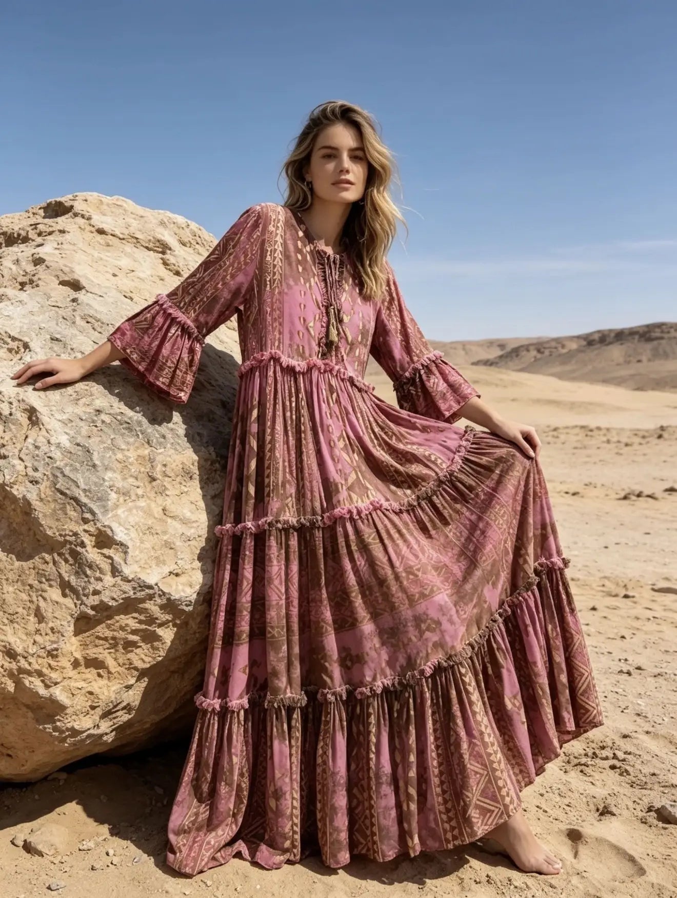 Maxikleid mit geometrischem Print und Gold‑Effekt
