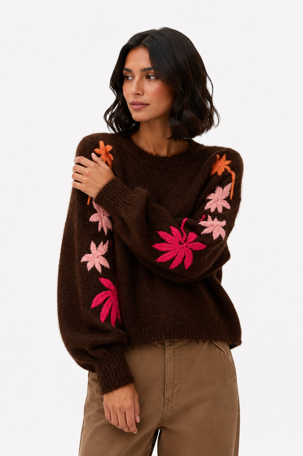 Bestickter Blumenpullover Poppy Choco