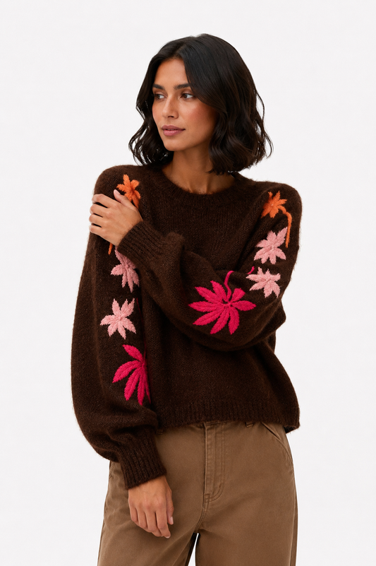 Bestickter Blumenpullover Poppy Choco
