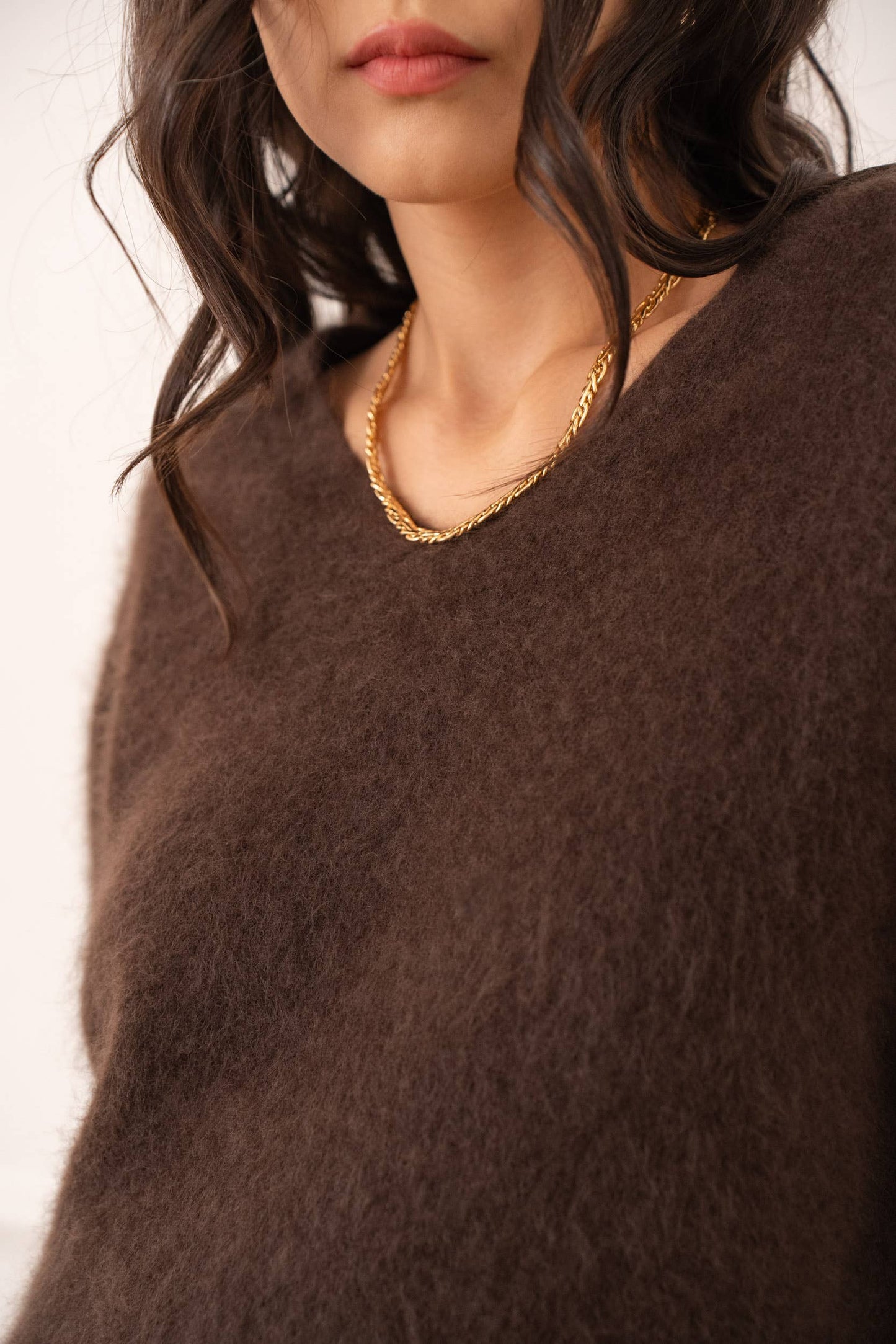 Gebürsteter Wollpullover mit V-Ausschnitt Chocolate