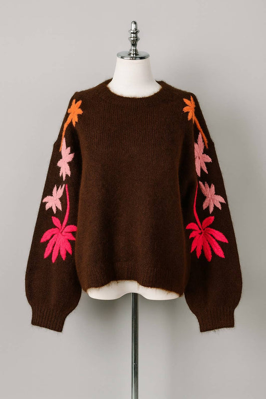 Bestickter Blumenpullover Poppy Choco