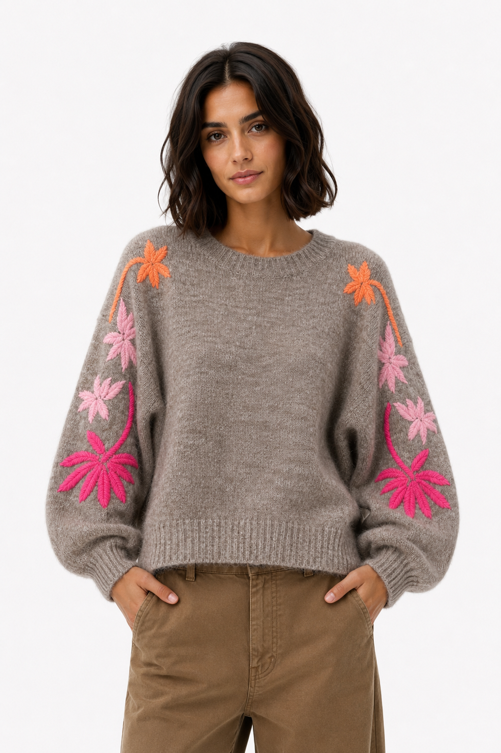 Bestickter Blumenpullover Poppy Melange