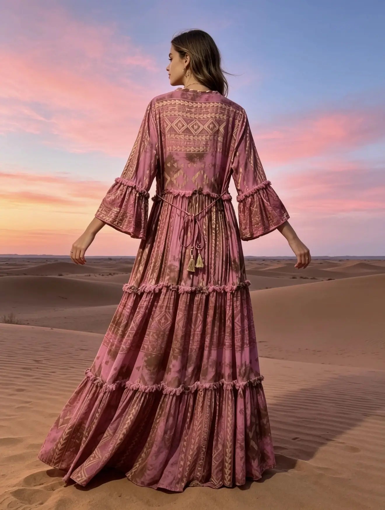 Maxikleid mit geometrischem Print und Gold‑Effekt