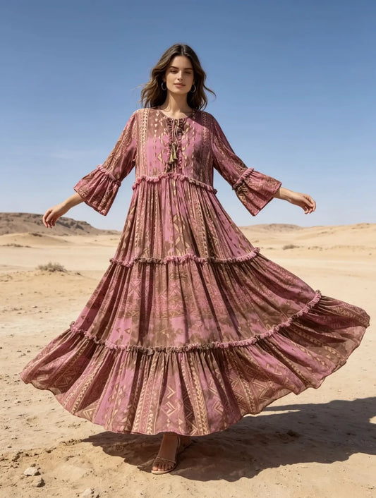 Maxikleid mit geometrischem Print und Gold‑Effekt