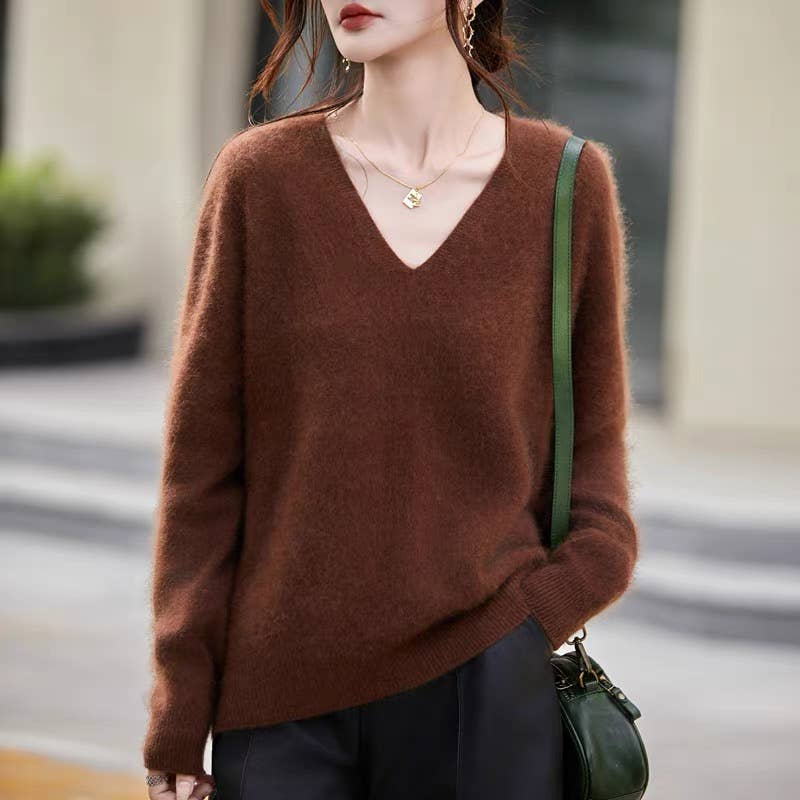 Gebürsteter Wollpullover mit V-Ausschnitt Chocolate