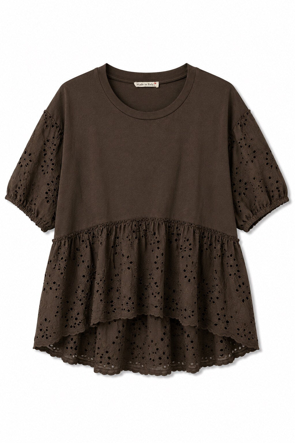 Baumwollbluse mit Volants aus Lochstickerei