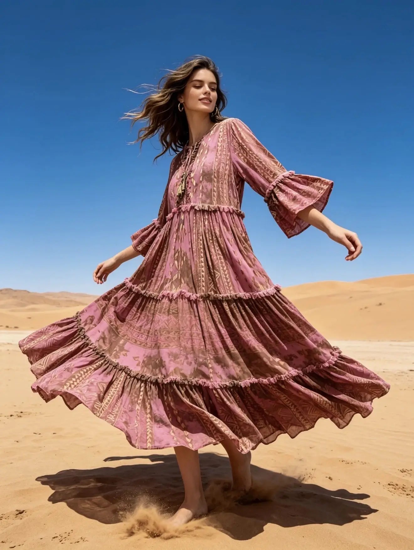 Maxikleid mit geometrischem Print und Gold‑Effekt