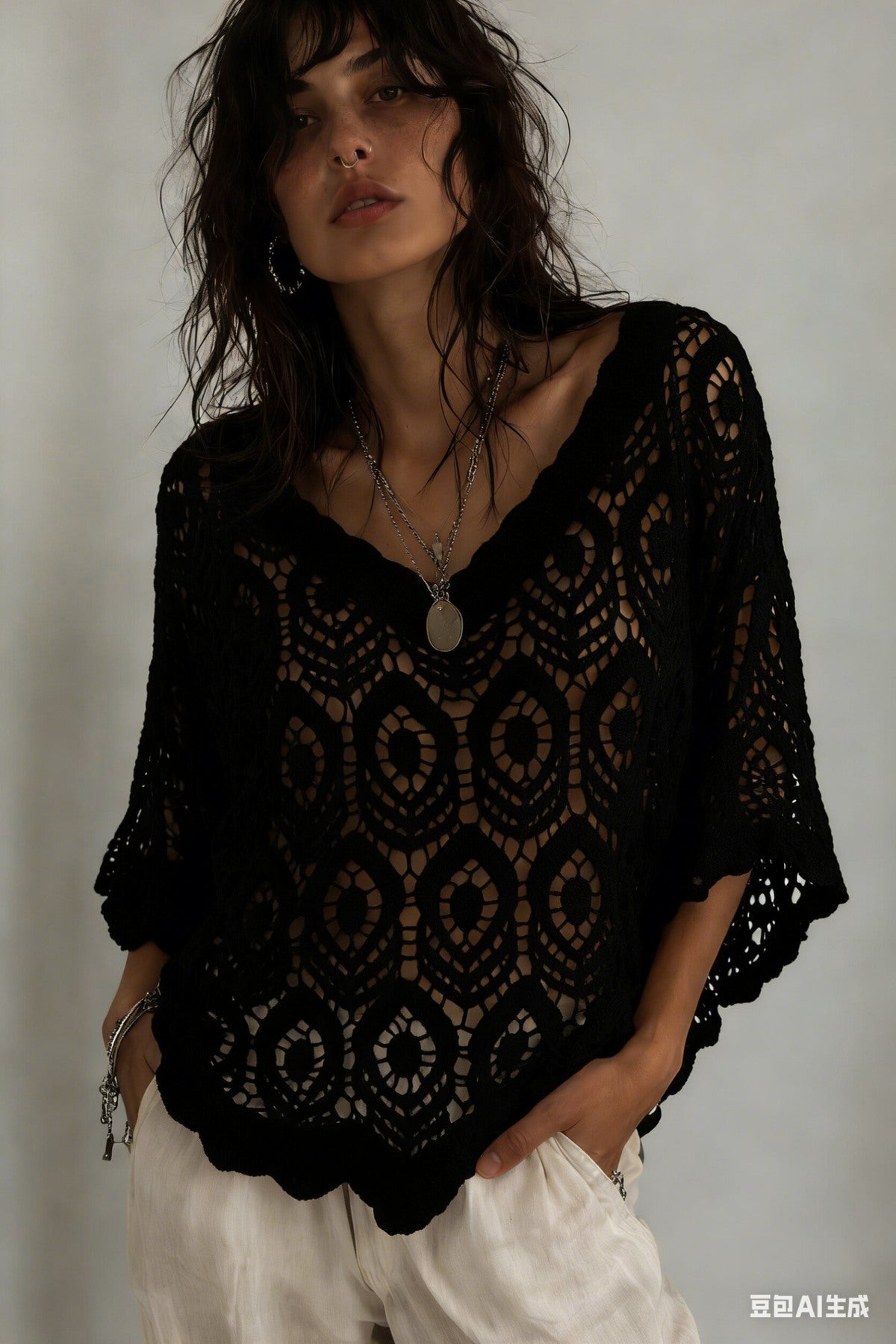 Gehäkelter Lochmuster-Pullover