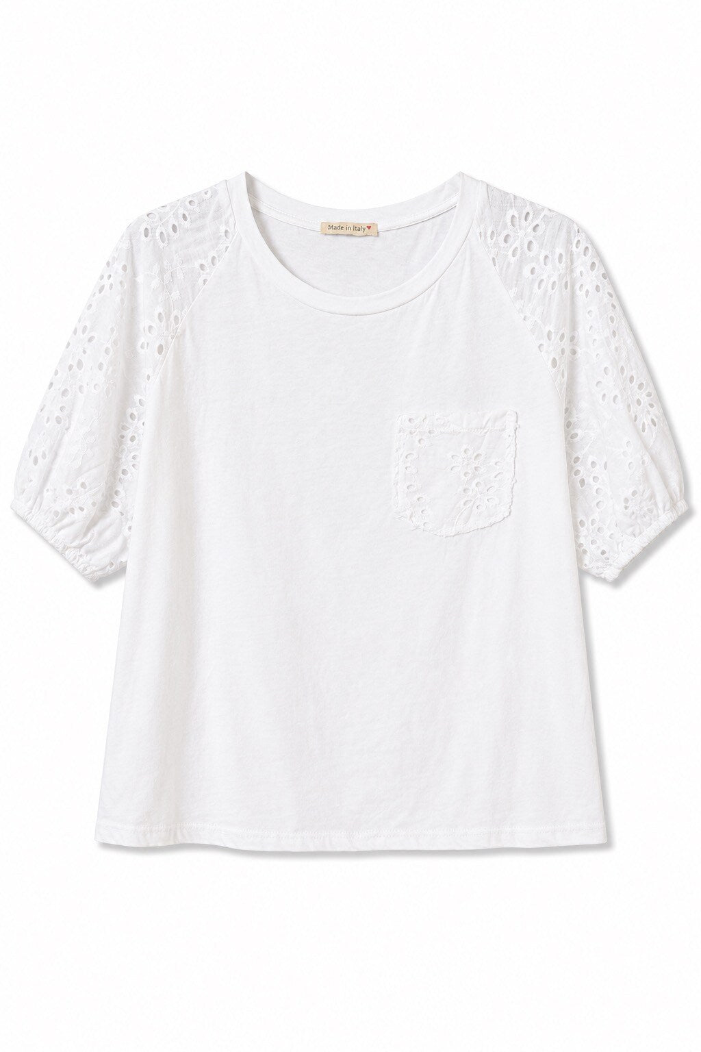 Baumwoll T-Shirt mit Ärmel aus Lochstickerei