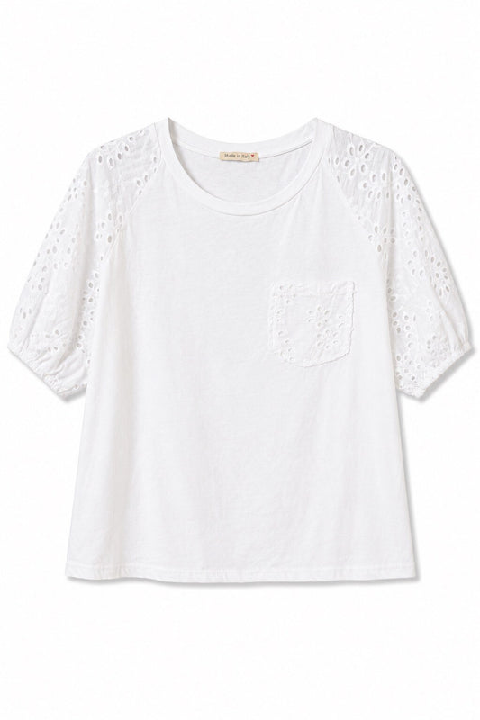 Baumwoll T-Shirt mit Ärmel aus Lochstickerei