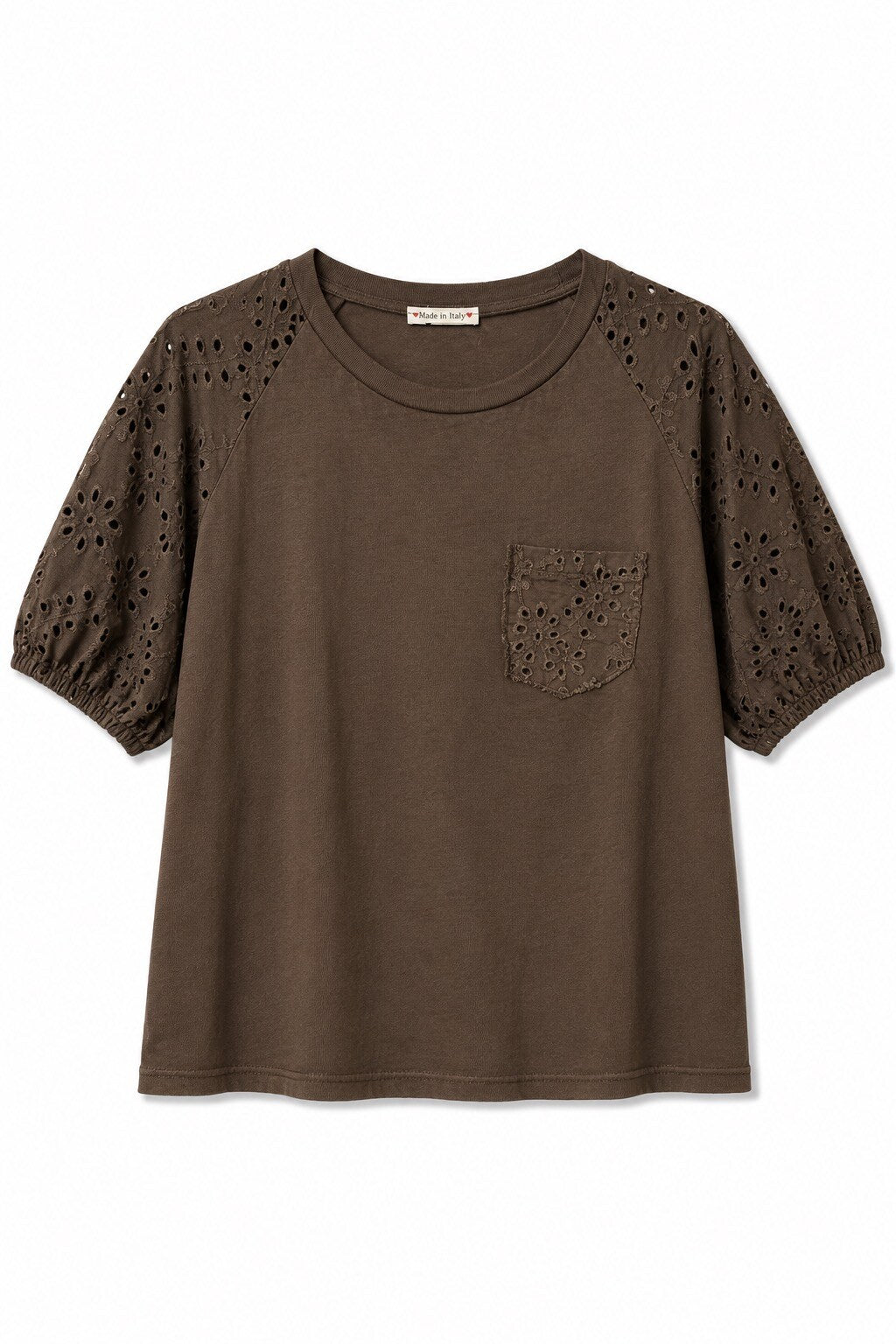 Baumwoll T-Shirt mit Ärmel aus Lochstickerei